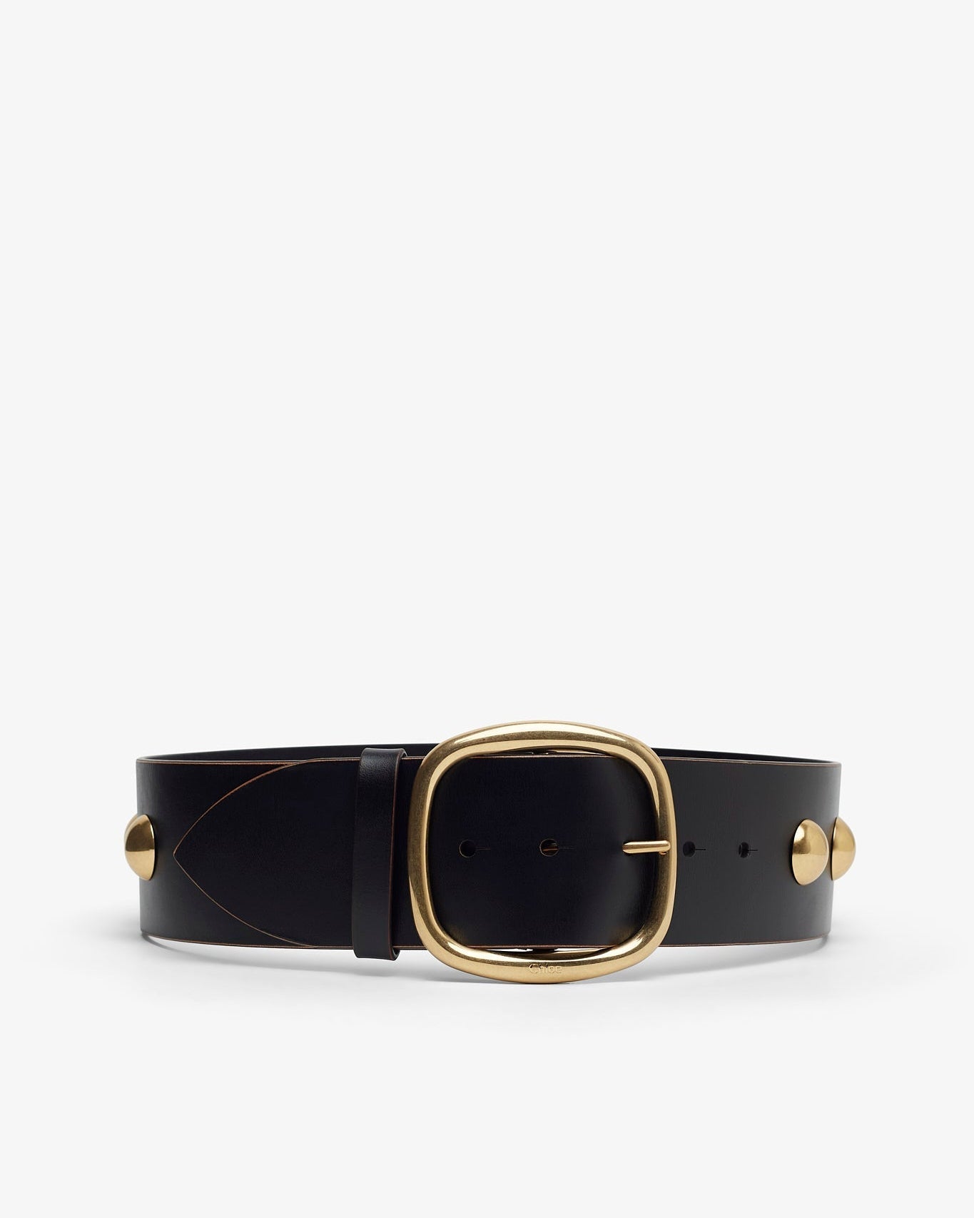 Black leather belt with gold buckle on a white background