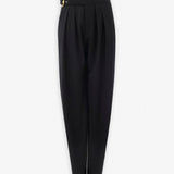 High-waist buckled black trousers