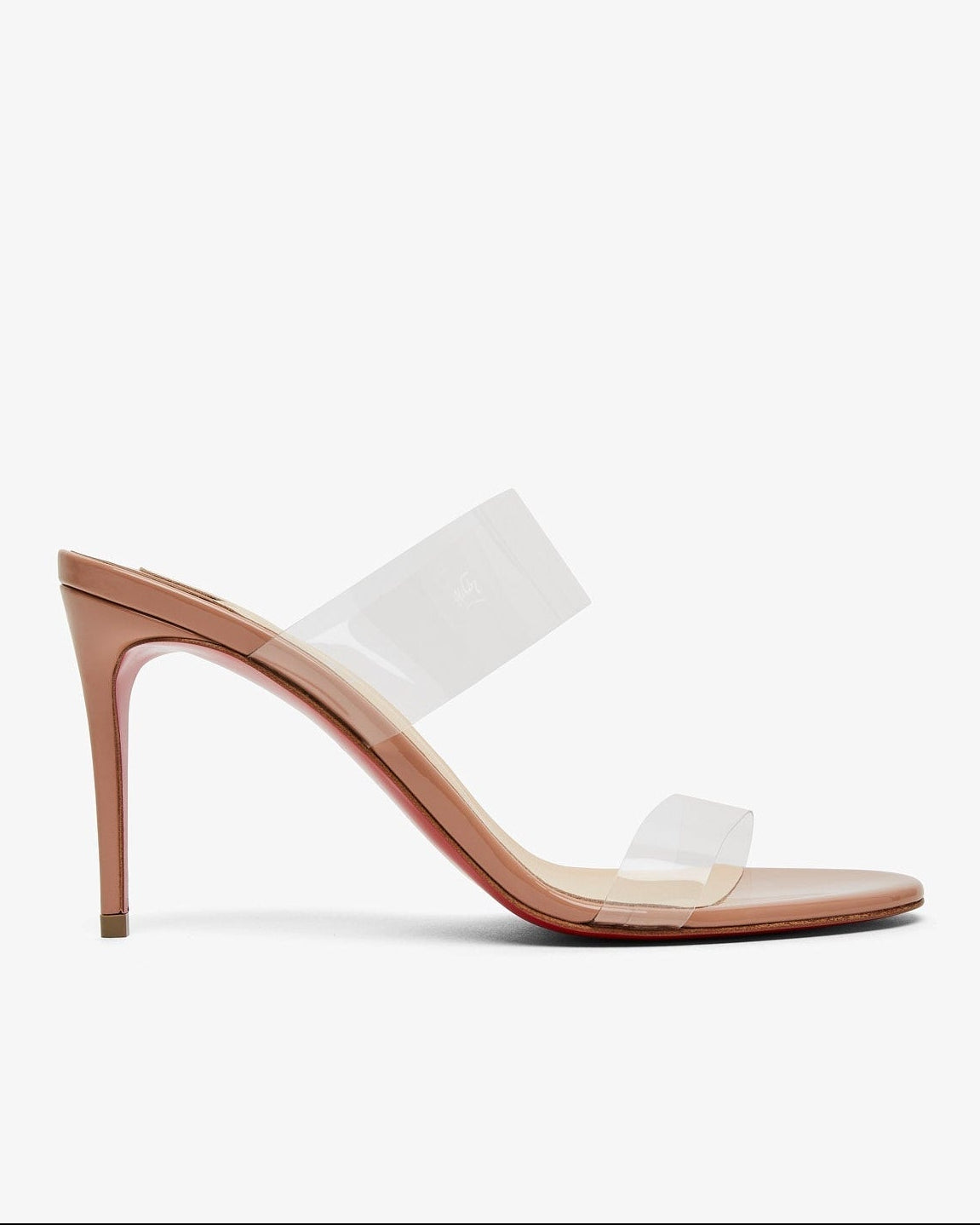 White high-heeled sandal with clear straps on a white background