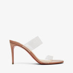 White high-heeled sandal with clear straps on a white background