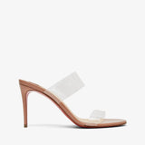 White high-heeled sandal with clear straps on a white background