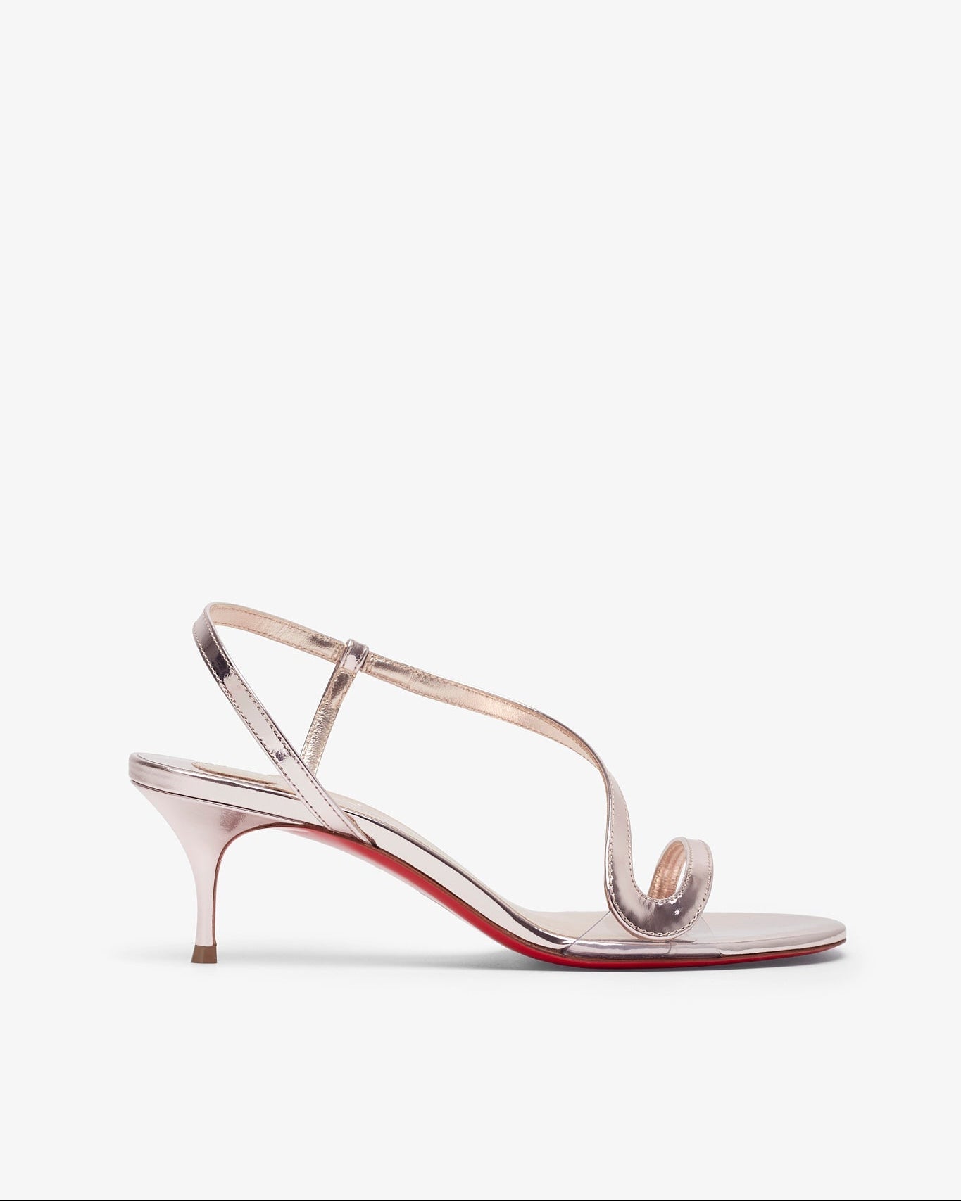 High-heeled sandal with thin straps on a white background