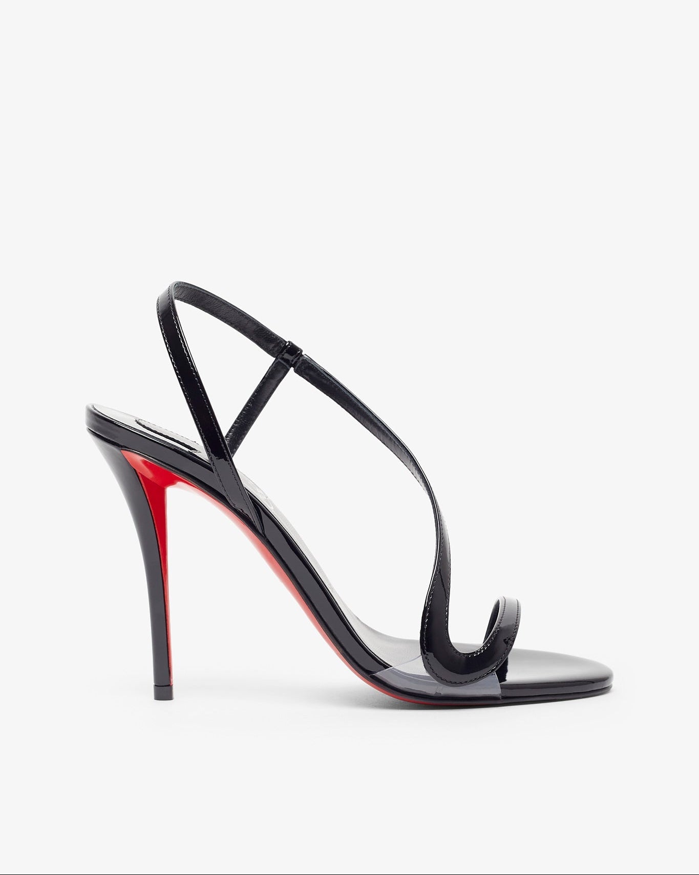 Black high-heeled sandal with red sole on a white background