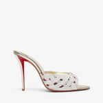 High-heeled shoe with a red sole on a white background