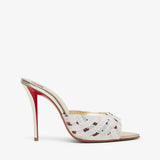 High-heeled shoe with a red sole on a white background