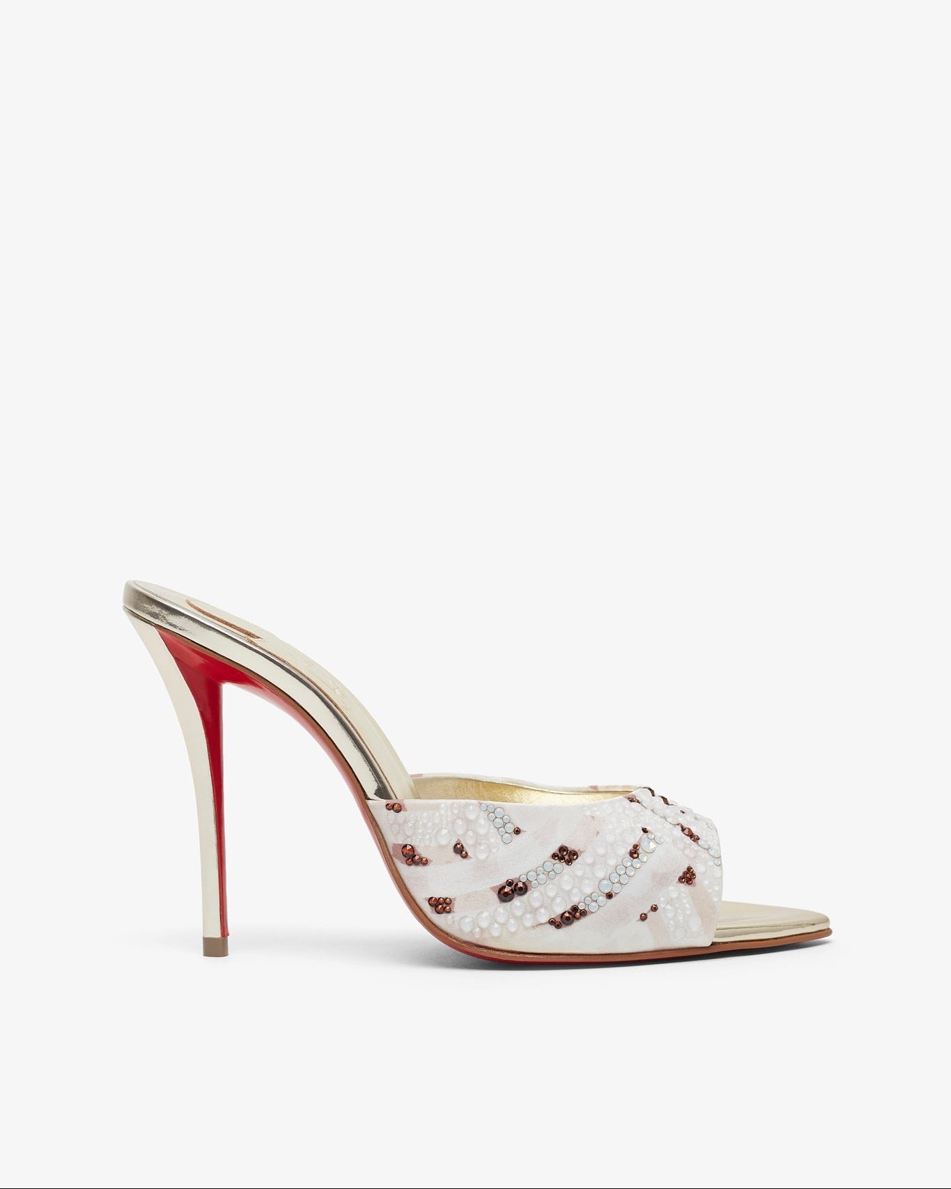 High-heeled shoe with a red sole on a white background