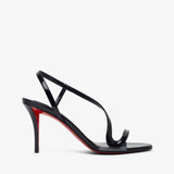 Black high-heeled sandal with red sole on a white background