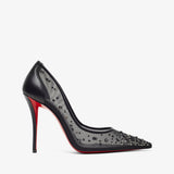 Black high-heeled shoe with red sole on a white background