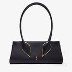Black handbag with gold accents on a white background
