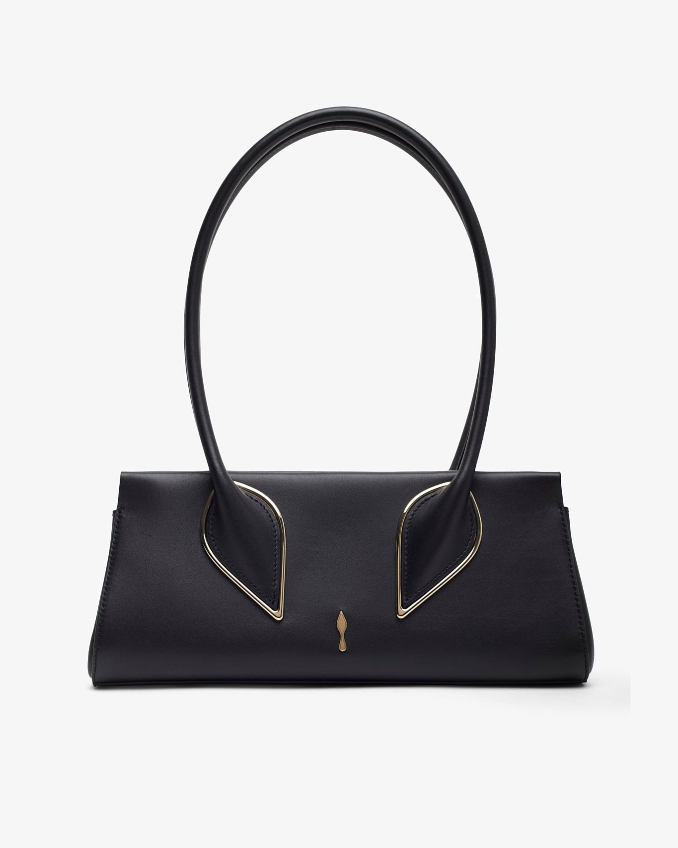 Black handbag with gold accents on a white background