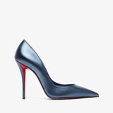Blue high-heeled shoe with red sole on a white background