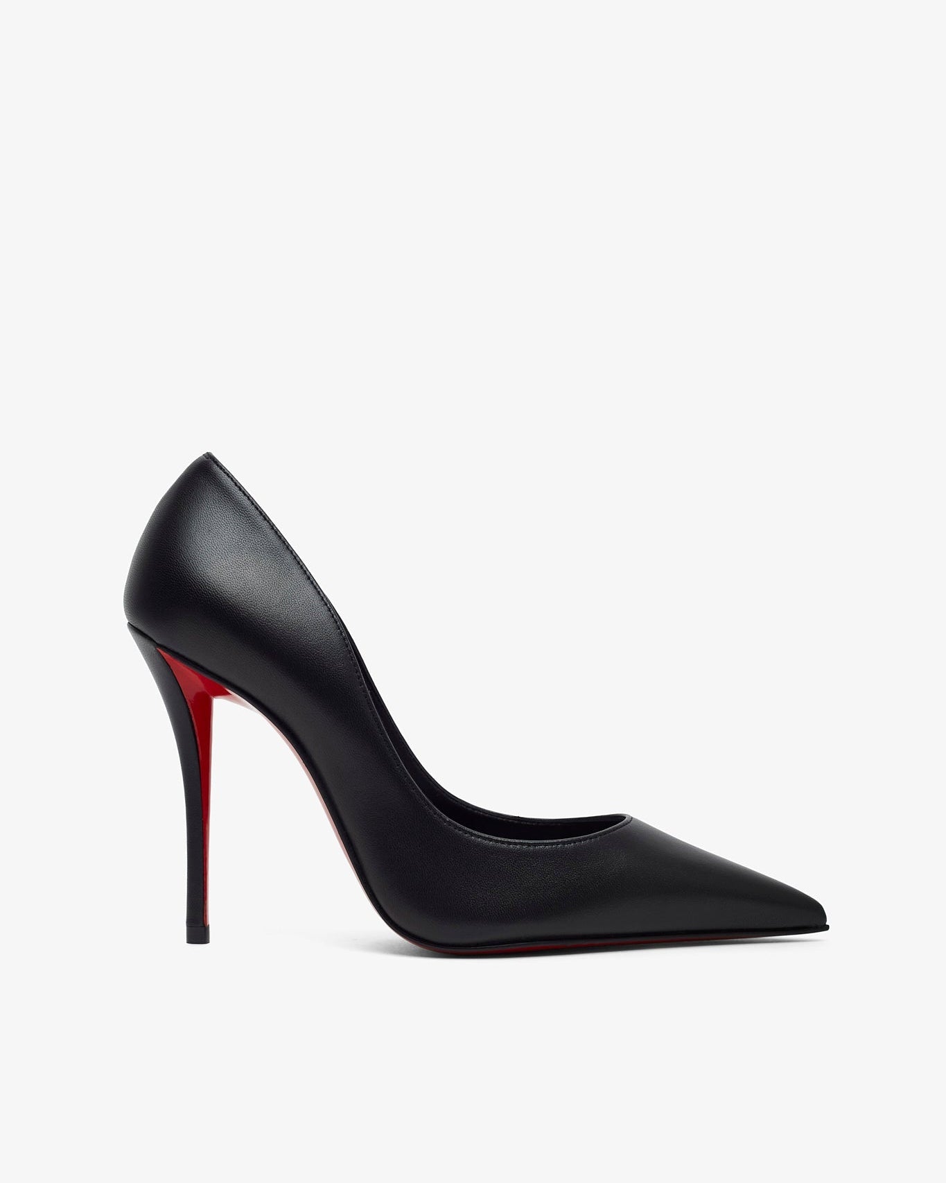 Black high-heeled shoe with red sole on a white background
