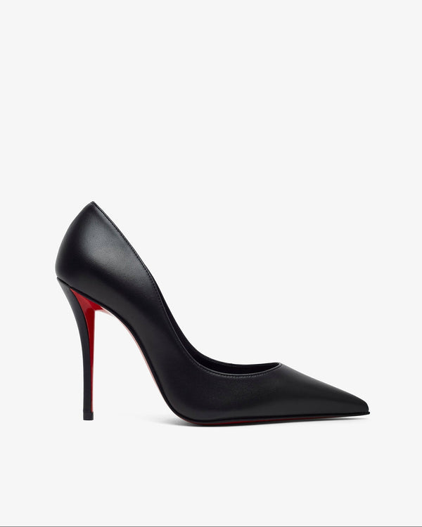 Black high-heeled shoe with red sole on a white background