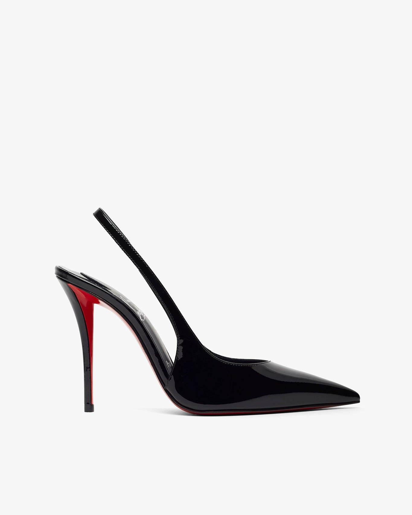 Black high-heeled shoe with red interior on a white background