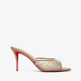High-heeled shoe with red sole and clear embellishments on a white background