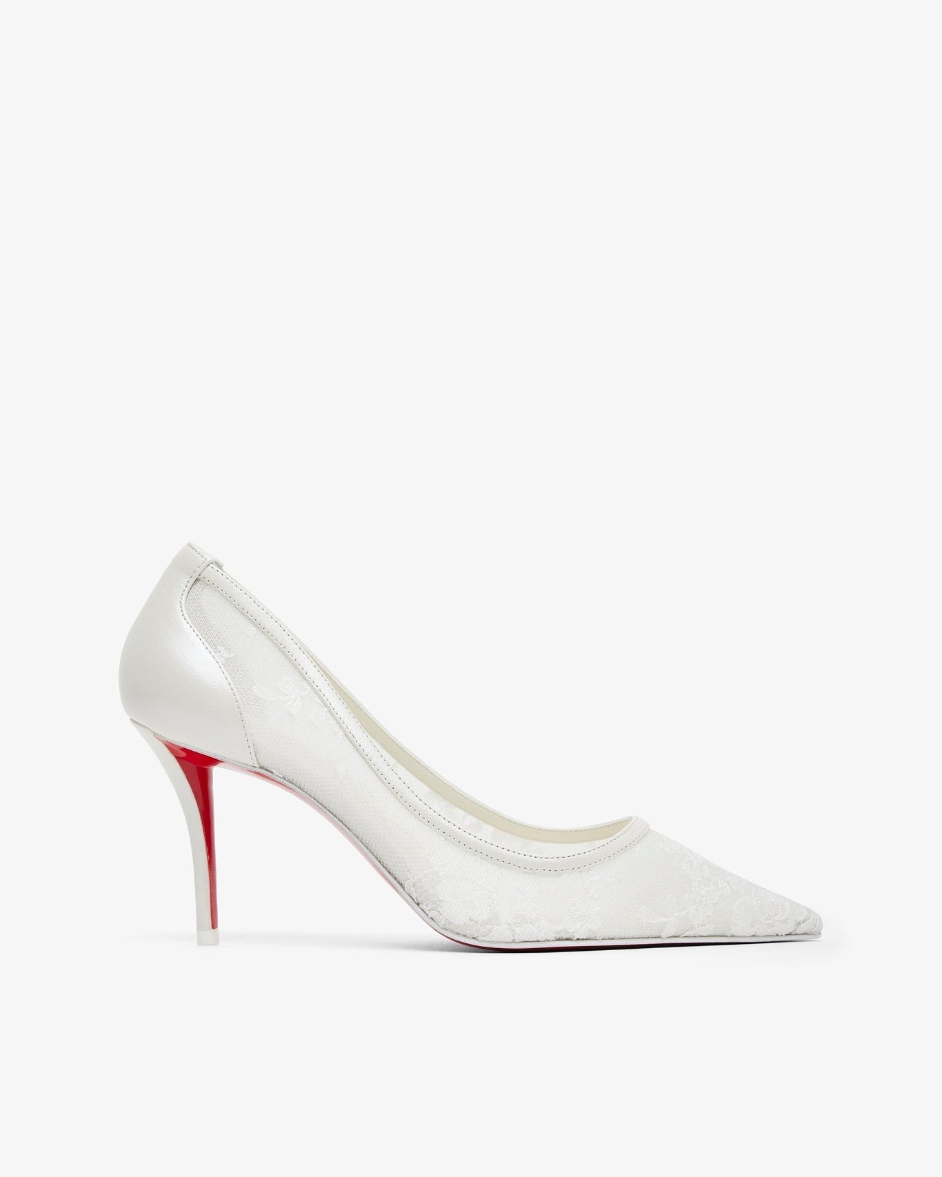 White high-heeled shoe with red sole on a white background