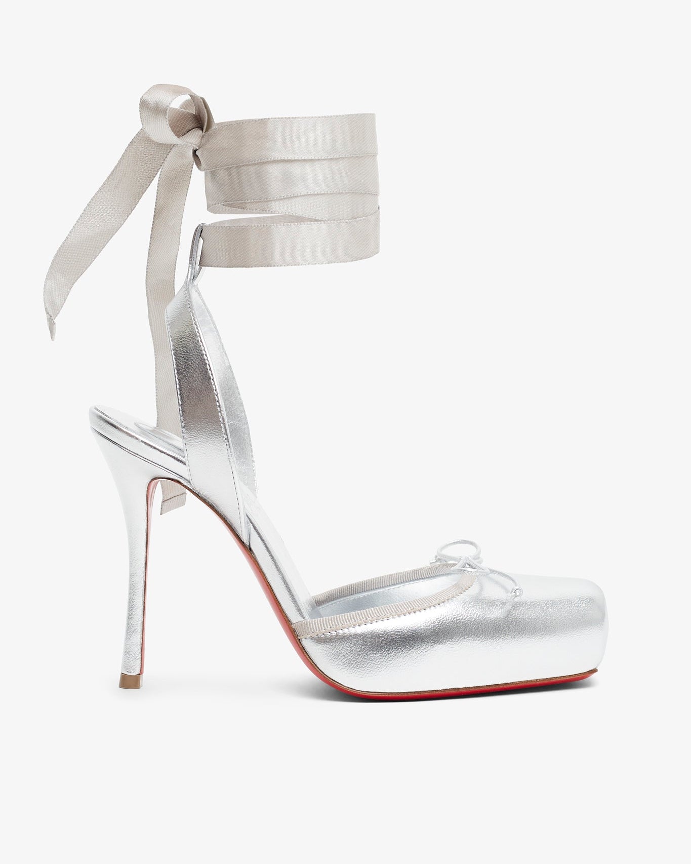 Silver high-heeled sandal with ribbon detail on a white background