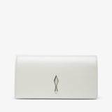 Pointed-toe shoe with beige leather sole and black heel on a white background