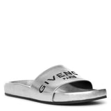 Metallic silver leather pool slides