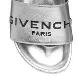 Metallic silver leather pool slides
