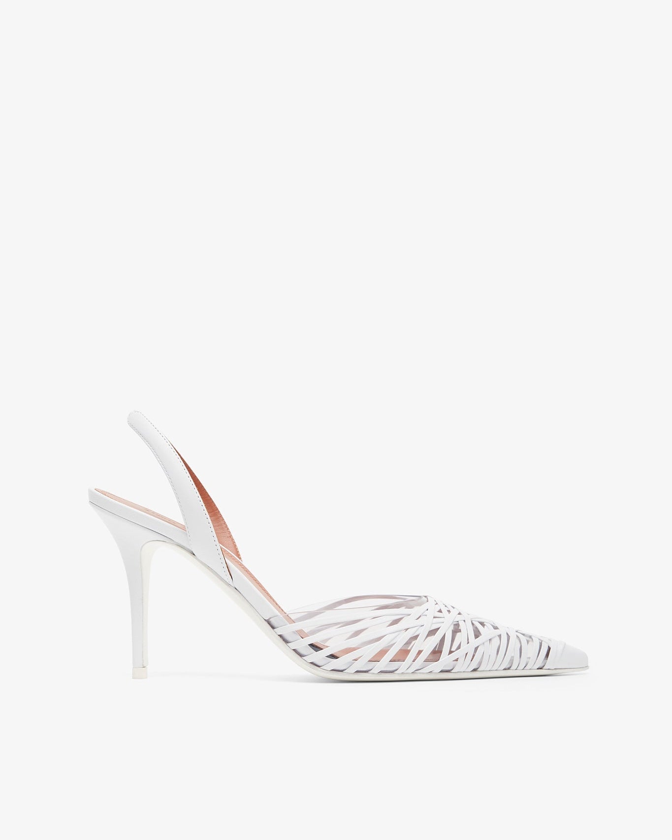 White high-heeled shoe with a lattice design on a white background