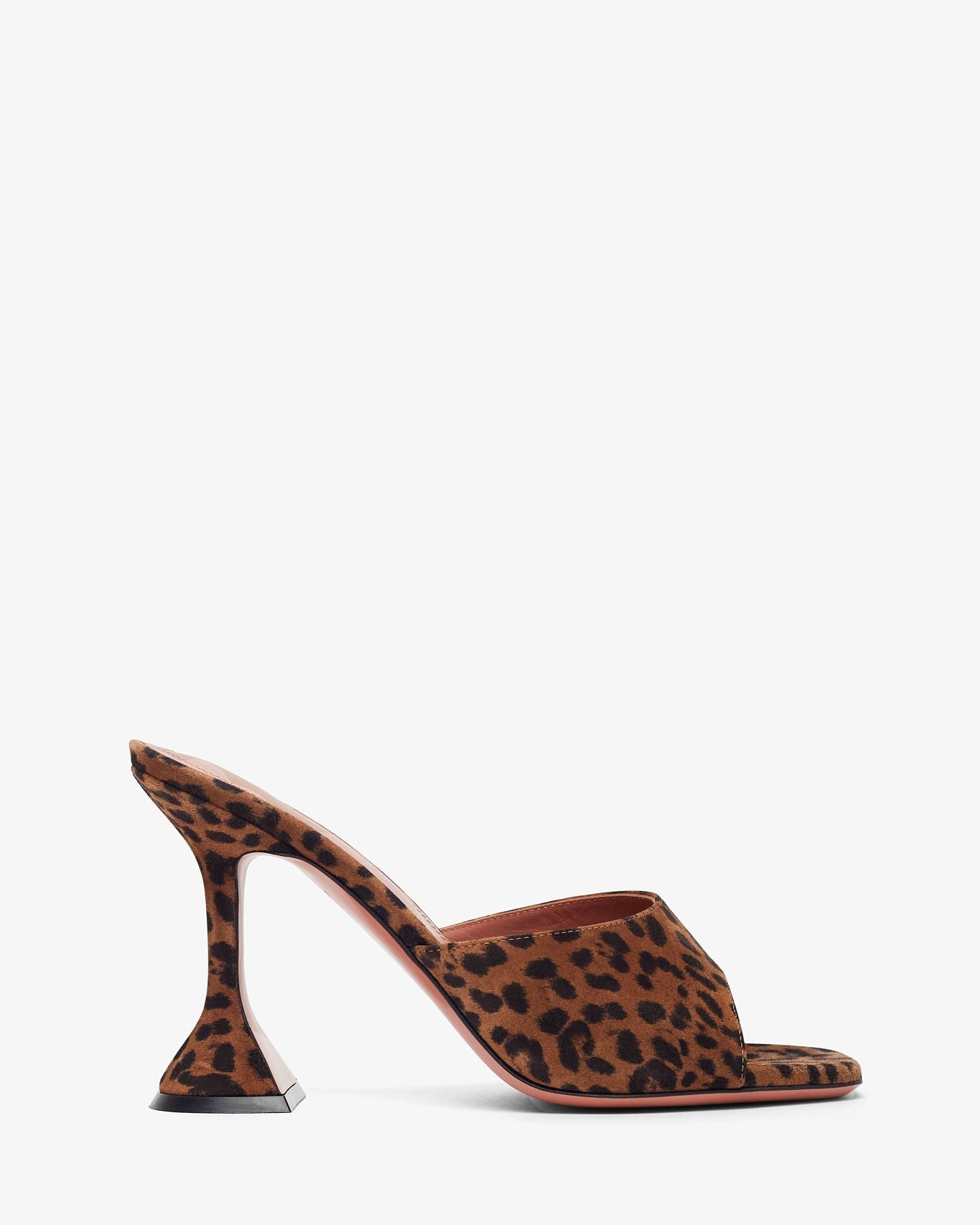 Leopard print high-heeled shoe on a white background