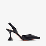 Black high-heeled slingback shoes on a white background