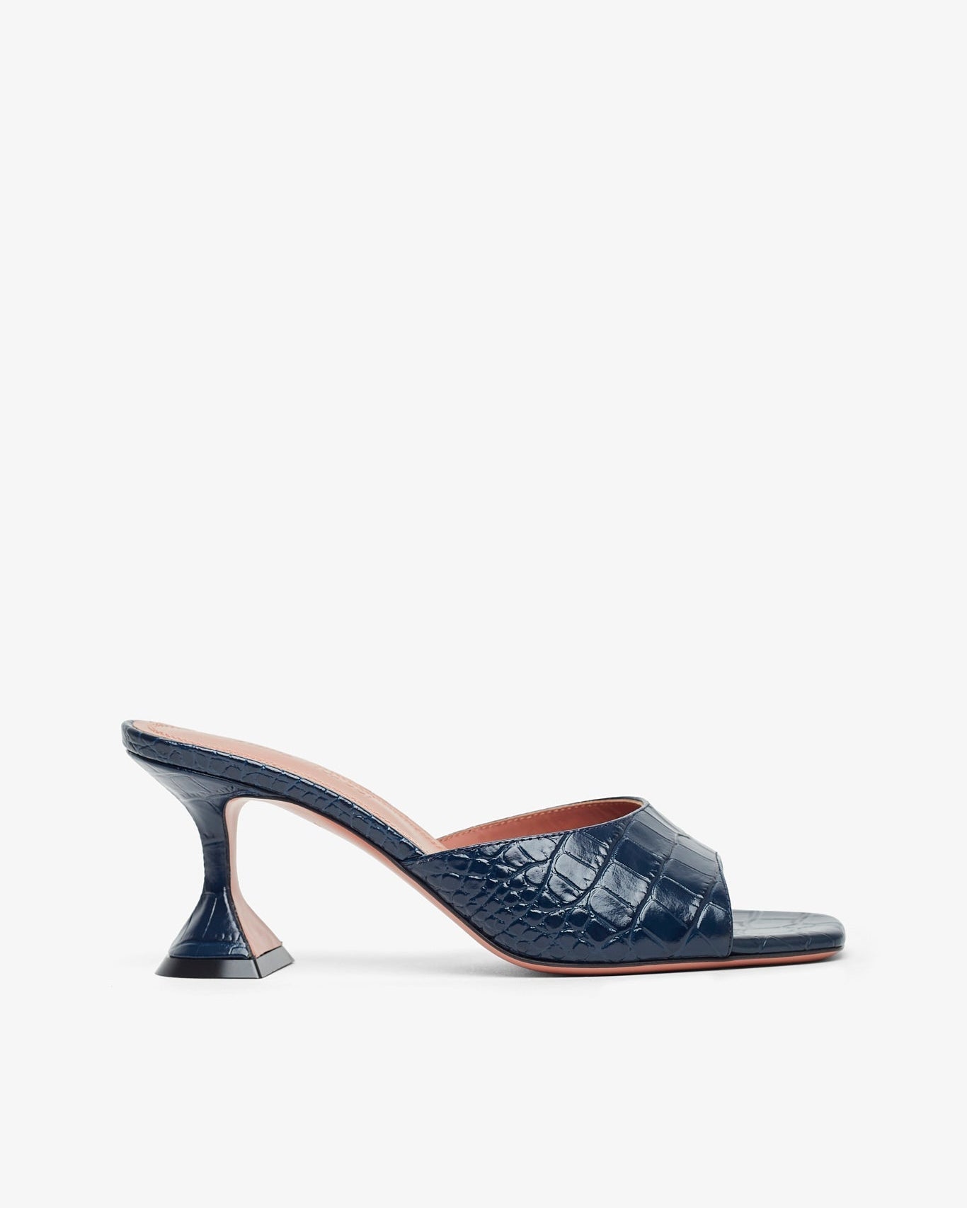 Navy blue high-heeled shoe with a subtle pattern on a white background