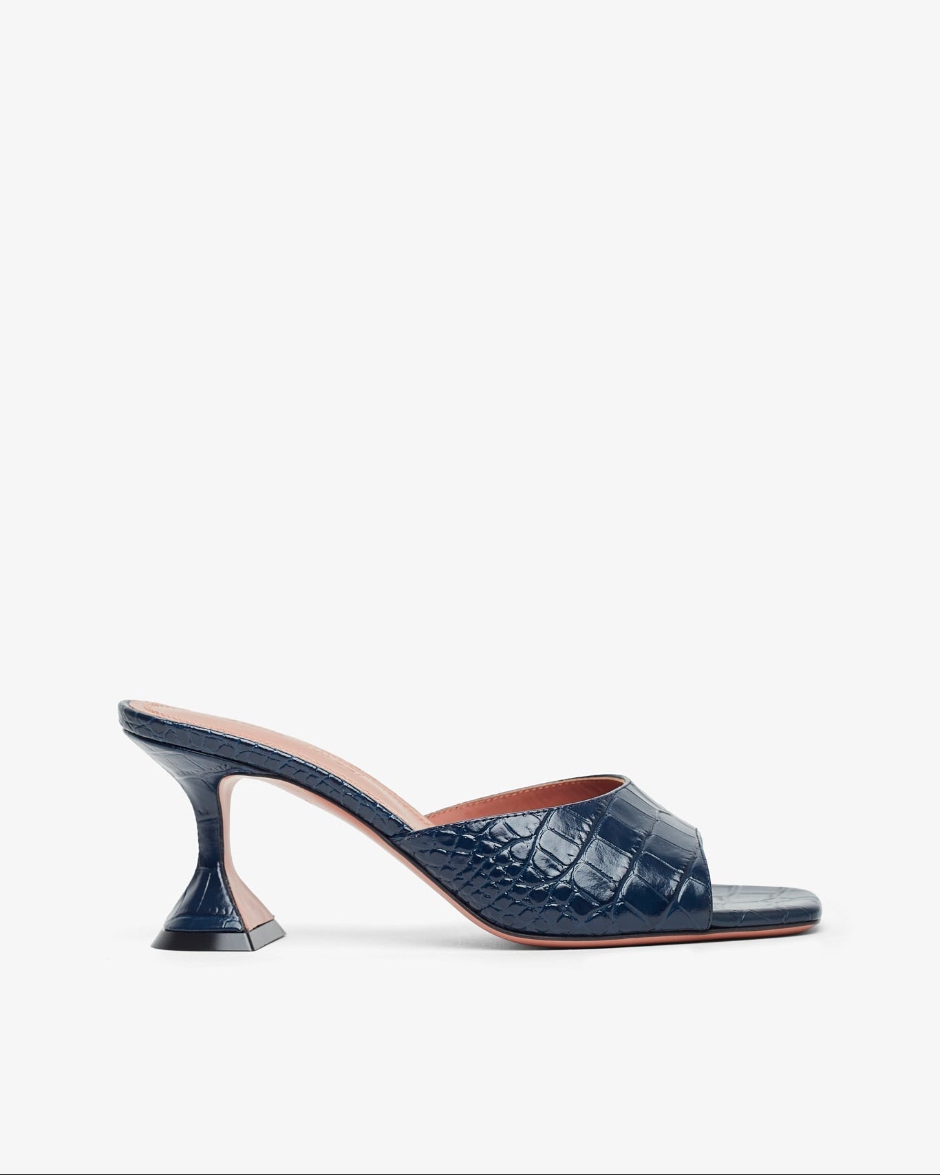 Navy blue high-heeled shoe with a subtle pattern on a white background