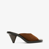 Brown sandal with a black heel on a white background
