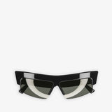Black sunglasses with a unique frame design on a white background