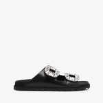 Black slide sandal with crystal embellishments on a white background