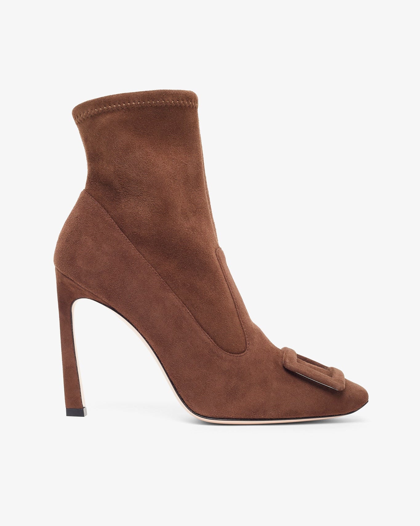 Brown suede high-heeled ankle boot on a white background