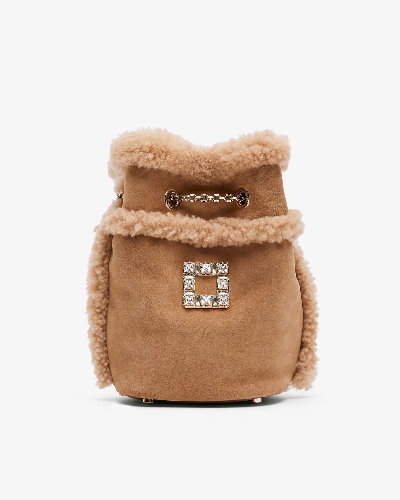 Brown fur-trimmed bag with a decorative clasp on a white background