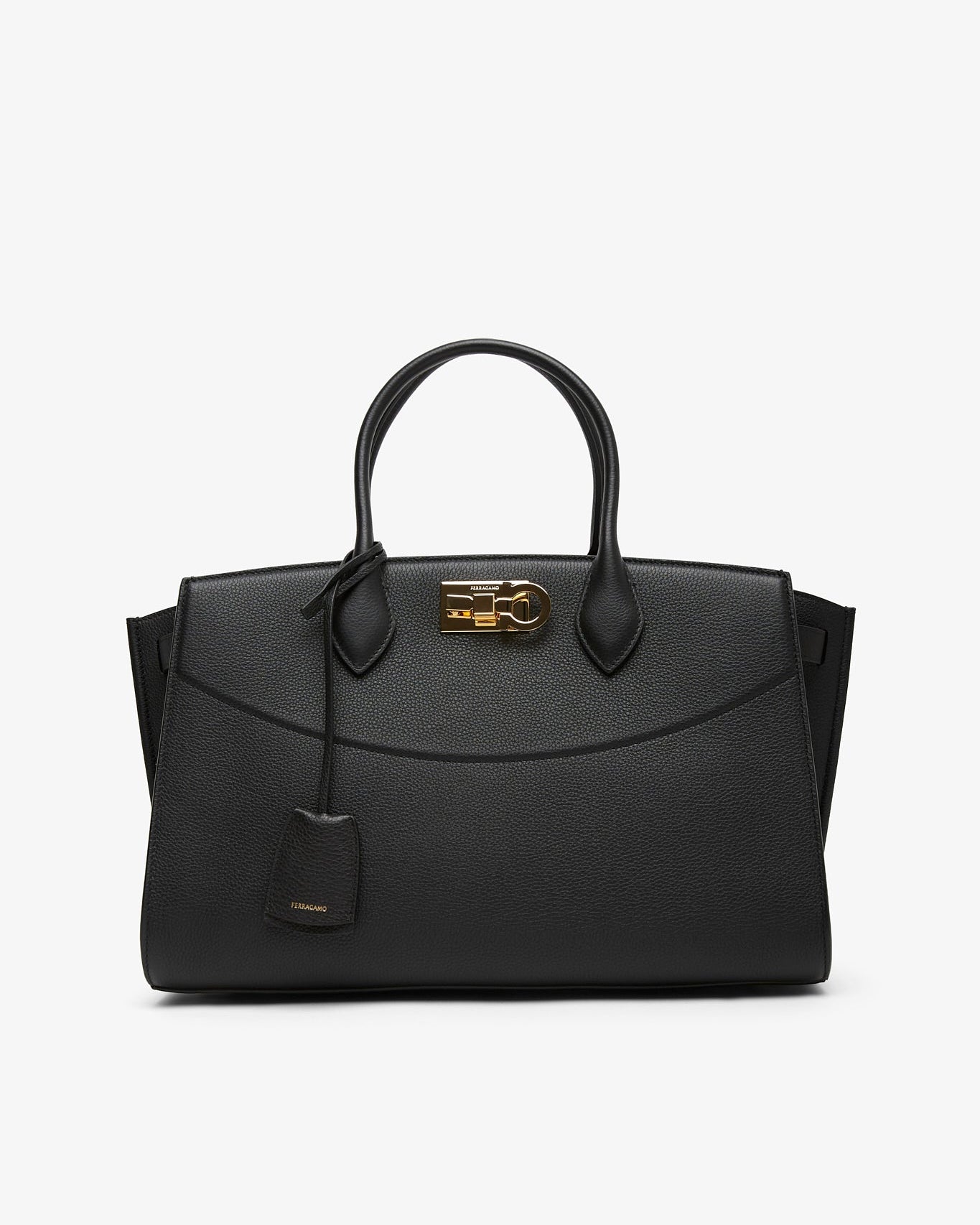 Black handbag with gold accents on a white background