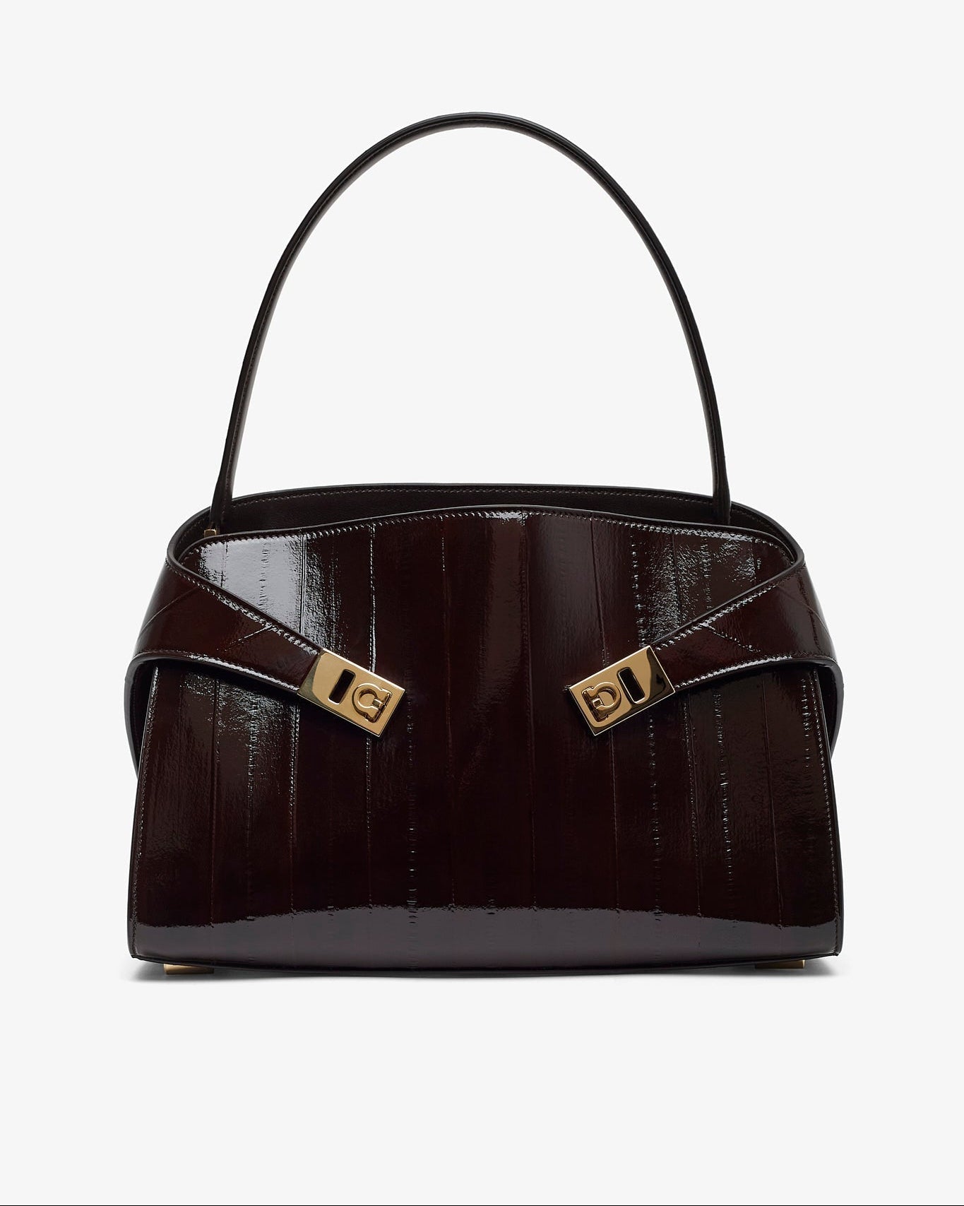 Brown handbag with gold accents on a white background