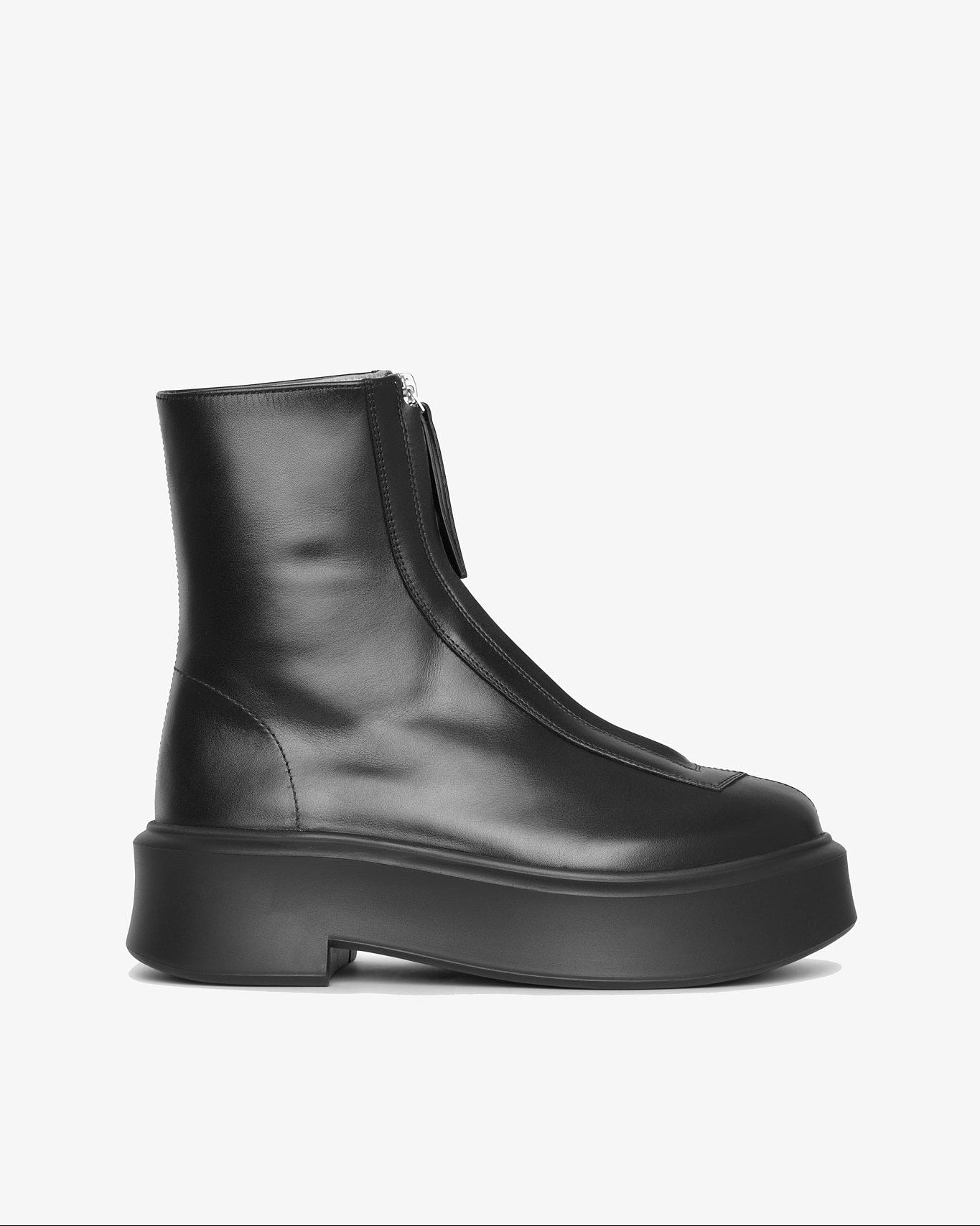 Black leather ankle boot on a white background