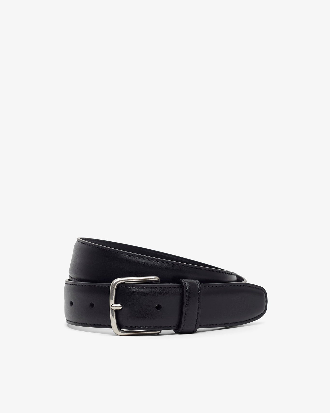 Black belt with a silver buckle on a white background