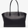 Black leather handbag on a white background