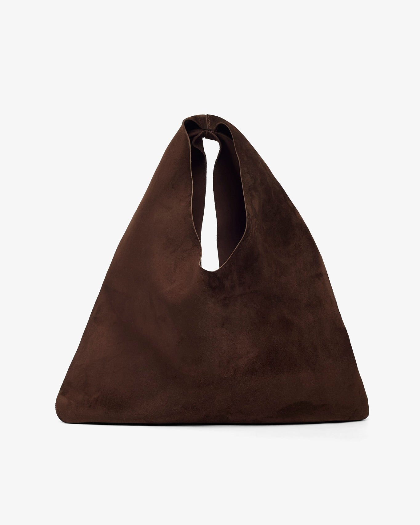 Brown suede handbag on a white background