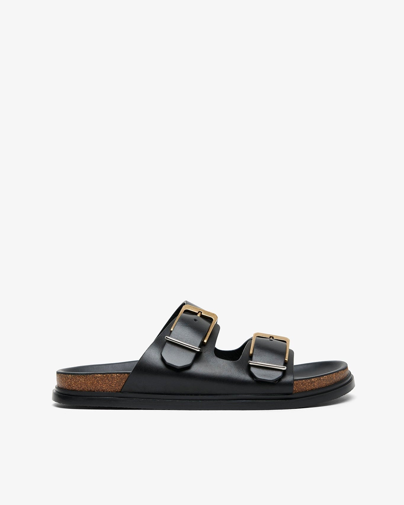 Black sandal with gold buckles on a white background