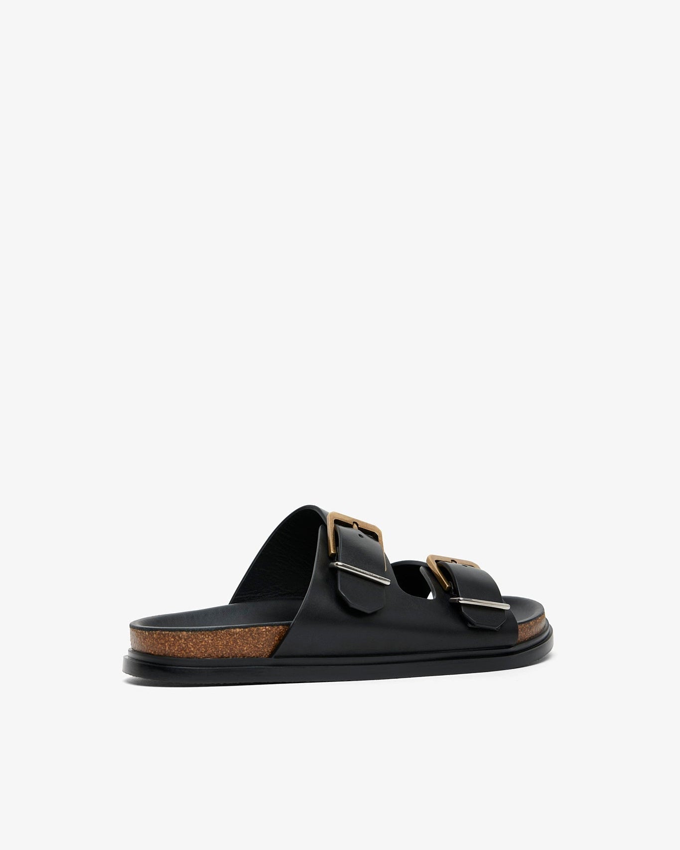 Black sandal with gold buckles on a white background