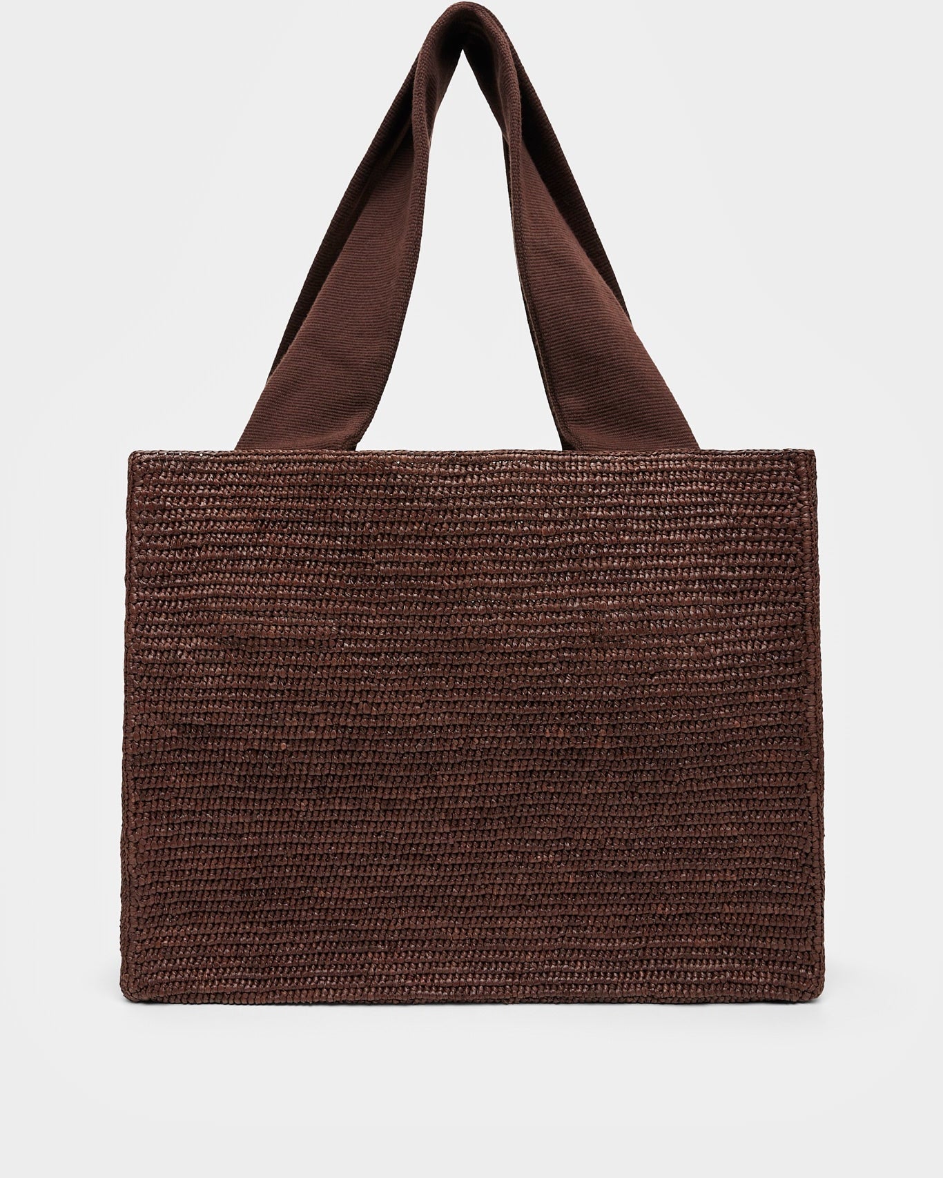 Brown woven tote bag on a light gray background