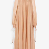 Mock-neck gathered long dress in silk georgette