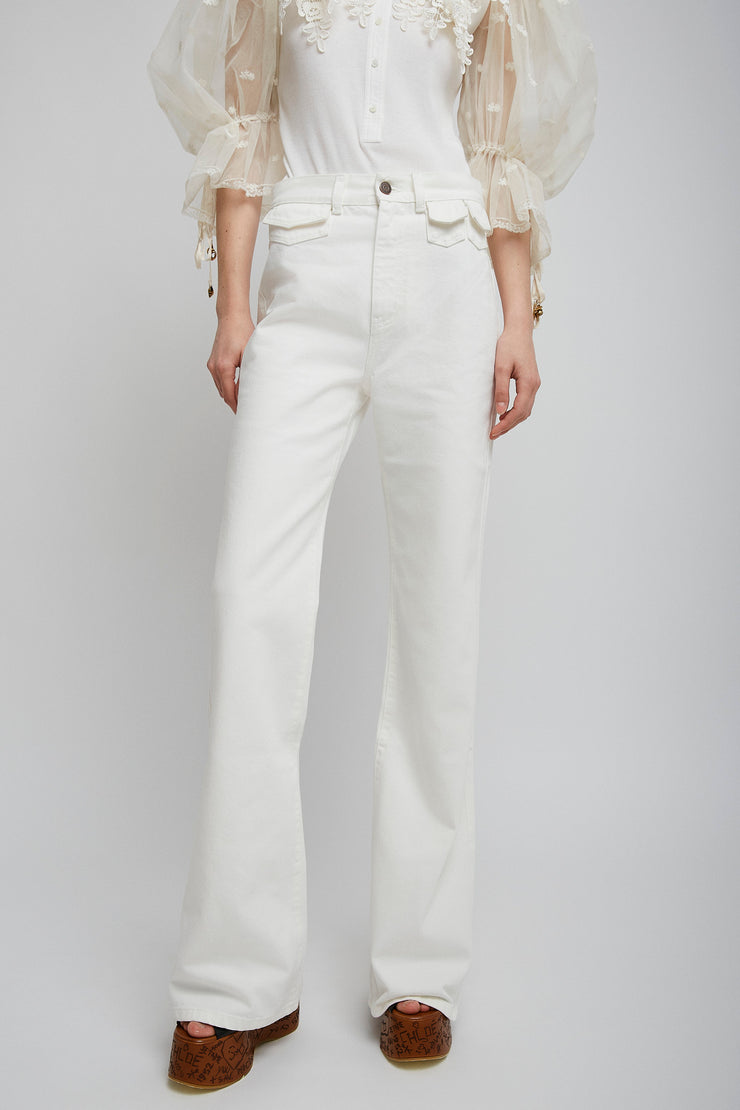 High-rise white denim flare jeans