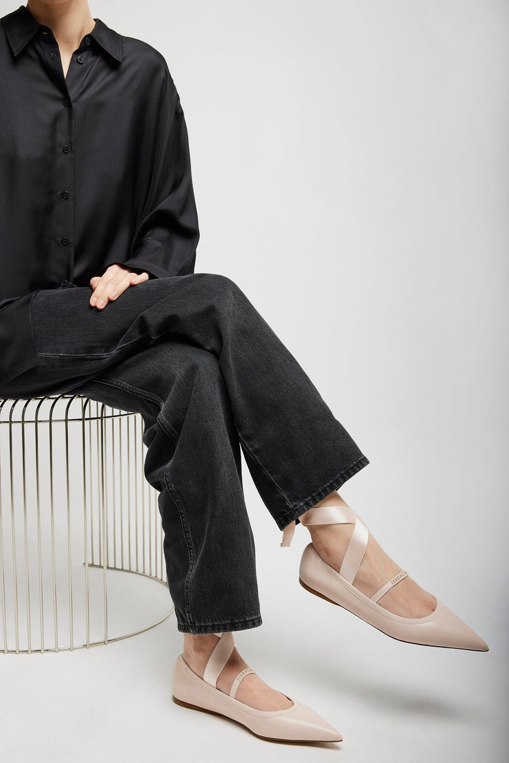 Ankle ribbon pink ballet flats