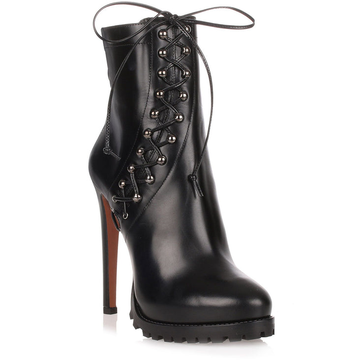 Black leather lace-up ankle boot