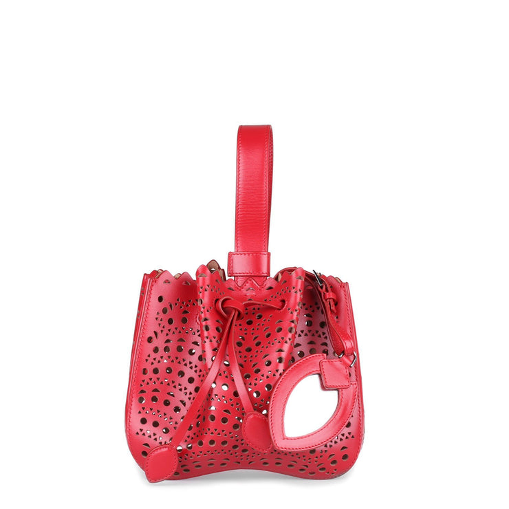Red leather laser-cut bucket bag