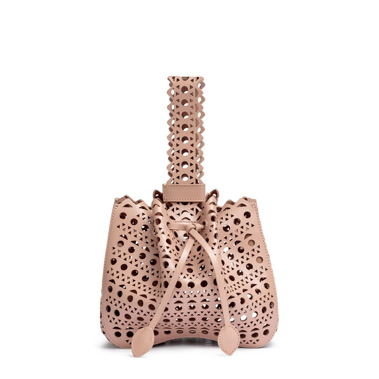 Beige leather laser-cut bucket bag