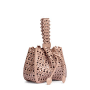 Beige leather laser-cut bucket bag